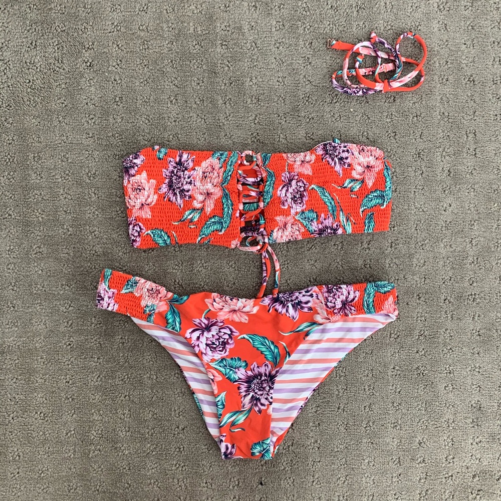 Red floral bandeau bikini